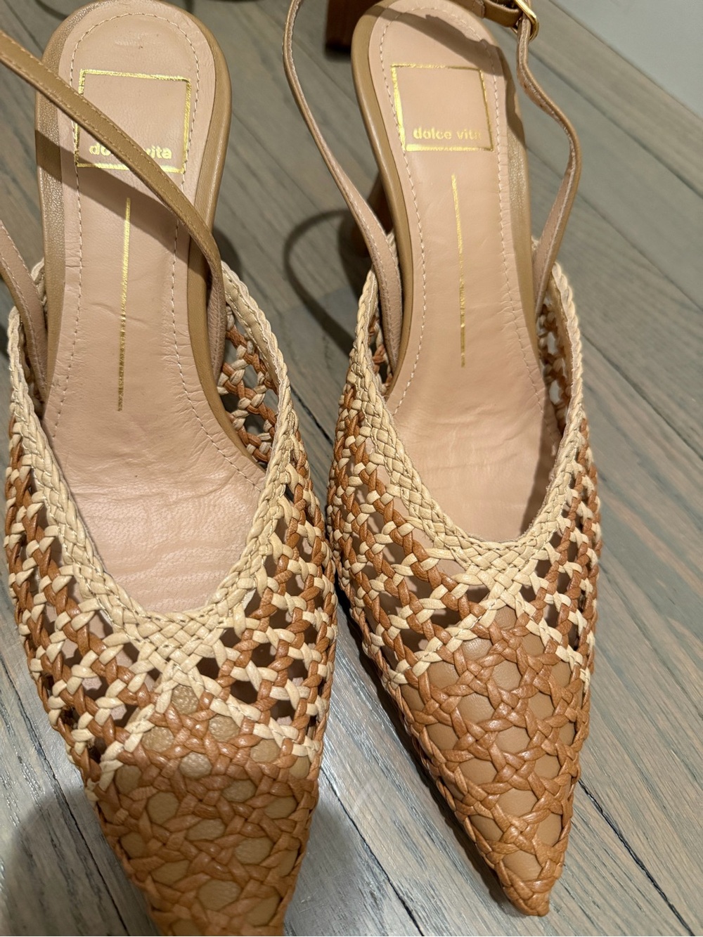 Dolce Vita Two-Tone Woven Pointed Slingback in Tan and Cream